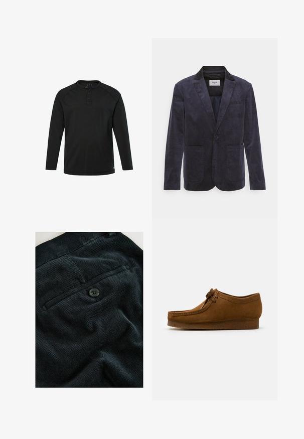 WAX LONDON FINTRY - Anzugsakko - navy; Schwarzes Langarm-Henley-Shirt mit drei Knöpfen und Rundhalsausschnitt, schlichte Gestaltung und gerader Saum.; Schwarzer Cordstoff mit geripptem Muster, ausgestattet mit einer einzelnen Gesäßtasche und einem runden, dunklen Knopf zum Verschließen.; Braune Wildlederschuhe mit runder Spitze und niedrigem Absatz, mit detaillierten Nähten entlang der Nähte und einer Schnürung auf der Vorderseite. Weiche Textur mit schlankem Design.