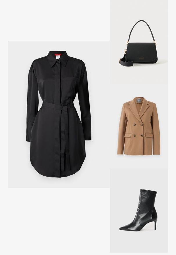 Dobbeltbrystet brun blazer i et glat stof, med notched klapper, to forlommer og runde knapper med et subtilt design.; Sort skjortekjole lavet af glat stof, med spids krave, lange ærmer, en brystlomme og en bæltet talje for justerbar pasform.; Sorte ankelstøvler lavet af glat læder, med spids tå, tætsiddende skaft og en slank høj hæl. Minimalistisk design uden synligt hardware.; Sort læder skuldertaske med buet klap, guldfarvet hardware, justerbar stof crossbody-rem og lille Michael Kors-logo.