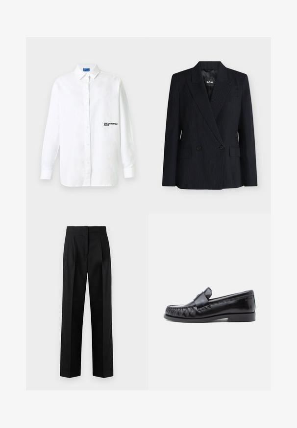 Schwarzer Doppelreiher-Blazer mit Nadelstreifen, fallendem Revers, zwei Vordertaschen und Knopfverschluss, vor schlichtem Hintergrund dargestellt.; Weißes Hemd mit langen Ärmeln, Knopfleiste und Kragen sowie schwarzem "KARL LAGERFELD JEANS"-Schriftzug auf der linken Brust.; Schwarze Hose aus gewebtem Stoff, mit einem maßgeschneiderten Design, Falten, geradem Bein und flachem Bund. Strapazierfähige und glatte Textur.; Schwarze Leder-Loafer mit abgerundetem Zehenbereich, markanter Naht und einem dekorativen Riemen über dem Vorderblatt. Glatte Oberfläche und niedriger Absatz.