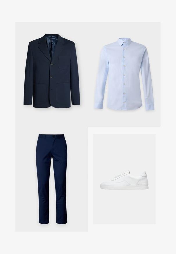 Blazer bleu marine en tissu texturé, avec un col cranté, trois boutons marron et deux poches avant. Doublure intérieure lisse.; Chemise habillée homme bleu clair à manches longues avec col classique et boutons blancs sur le devant sur un fond uni.; Pantalons en coton bleu marine avec une coupe droite, dotés d'une fermeture à bouton à l'avant, de passants de ceinture et de coutures propres. Texture lisse sans motifs.; Baskets basses blanches avec un design à lacets, dessus en cuir lisse et semelle épaisse, montrées de profil sur un fond uni.