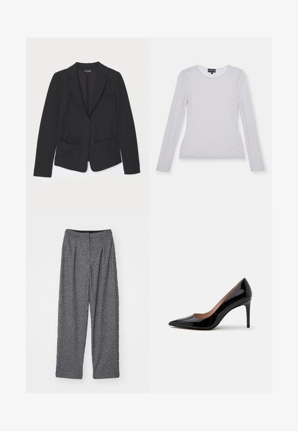 Sort blazer lavet af tekstureret stof, trækning med enkelt knaplukning, klippede lapeller og to frontlommer.; Langærmet, lysegrå bluse i et blødt stof med rund halsudskæring og tætsiddende design. Glat tekstur, ingen synlige mønstre eller accenter.; Grå rutede bukser med høj talje, bred benvidde og plissee. Fremstillet af strukturstof med et monokrom mønster.; Sort laklæder pumps med høje hæle, spids snude og stilethæl, vist i sideprofil på en ensfarvet hvid baggrund.