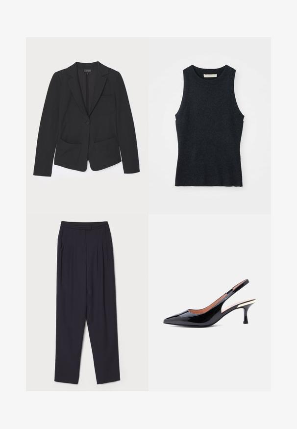 Schwarzer Blazer aus strukturiertem Stoff, mit einem Knopfverschluss, Reverskragen und zwei Vorderaschen.; Ärmelloses, dunkelgraues Strick-Tanktop mit Rundhalsausschnitt, auf weißem Hintergrund flach ausgelegt.; Dunkelblaue Hosen aus weichem Stoff, mit Falten und einem geraden BeinDesign, standardmäßigen Bund und Seitentaschen.; Schwarzer Slingback-Pumps aus Lackleder mit spitzer Kappe und mittelhohem Absatz, der in der Nähe der Ferse ein metallisches Detail aufweist.