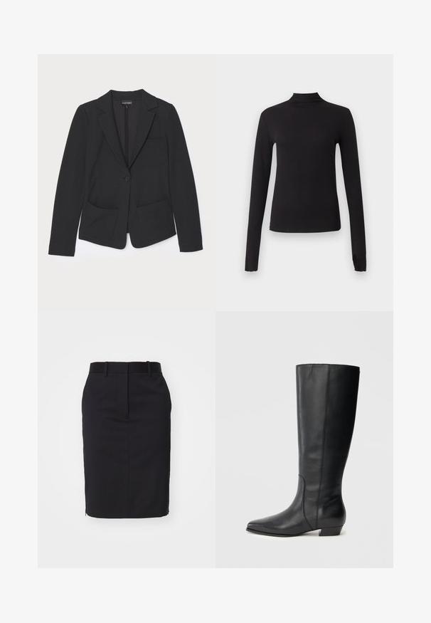 Blazer negro hecho de tela texturizada, con un cierre de un botón, solapas con muesca y dos bolsillos frontales.; Camiseta negra ajustada de manga larga con cuello alto, mostrada sobre un fondo gris claro liso.; Falda lápiz negra con un diseño ajustado, hecha de una tela suave. Cuenta con una cinturilla y una abertura en la parte trasera para facilitar el movimiento.; Botas negras de cuero hasta la rodilla con punta puntiaguda y tacón bajo y ancho, que presentan una textura suave y un diseño limpio y estilizado.