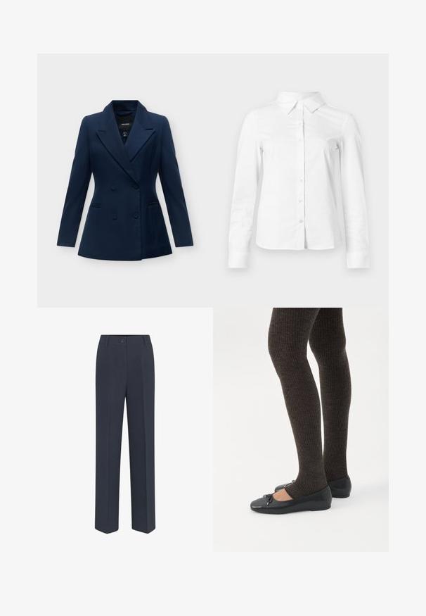 Mørkeblå dobbeltradet blazer med brede revers, to forlommer og lange ærmer.; Hvid skjorte med lange ærmer, knapper, spids krave, lige kant og tætsiddende silhuet, vist på en ensartet lys baggrund.; Marineblå, skræddersyede bukser med lige ben, der har lukkefunktion foran med knap og diskrete stolpefure detaljer. Glat stofstruktur.; Ben iført mørke ribbede leggings kombineret med sorte balletsko med små sløjfedetaljer på hvid baggrund.