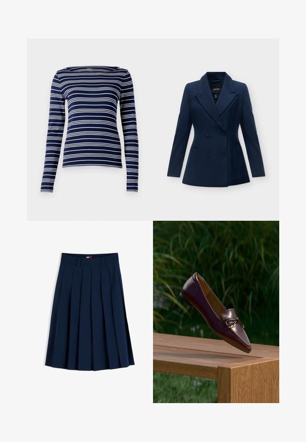 Marineblauwe dubbelgeknoopte blazer met brede revers, twee voorzakken en lange mouwen.; Navy lange mouw top met witte horizontale strepen, bootkraag en zachte, rekbare stof. Eenvoudig, getailleerd design, minimale details.; Marineblauwe geplooide rok met ceintuurlussen en een klein rood, wit en blauw logo-label op de tailleband, getoond op een witte achtergrond.; Bruine leren loafer met strikdetail drijvend boven een houten bankje, groene bladeren wazig op de achtergrond.