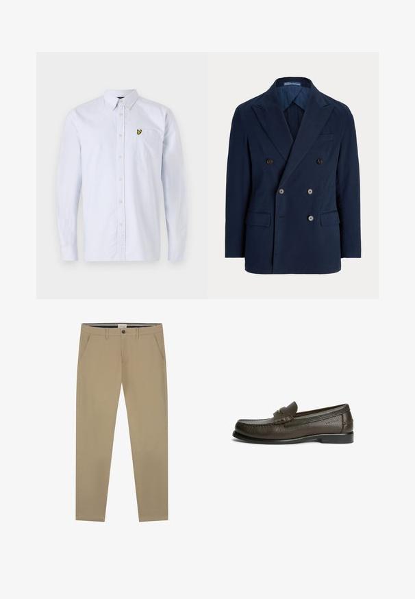 Marineblauer zweireihiger Blazer mit Kerbkragen, vier vorderen Knöpfen, Pattentaschen und Brustleistentasche, maßgeschneidert für Herren.; Hellblau gestreifte Button-Down-Hemd mit einem kleinen gelben Logo auf der Brusttasche. Mit klassischem Kragen und langen Ärmeln. Aus Baumwollmaterial.; Beige Chinos aus glattem Baumwollstoff, mit geradem Bein, einem Knopfverschluss und zwei Seitentaschen. Dezente Nähdetails.; Dunkelbrauner Leder-Slipper mit strukturierter Oberfläche, niedrigem Absatz und dekorativem Riemen oben.