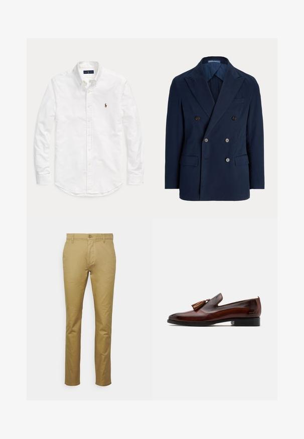 Marineblauwe dubbelgeknoopte blazer met inkepingkraag, vier knopen aan de voorkant, klepzakken en een borstpaspelzak, op maat gemaakt voor mannen.; Witte blouse met lange mouwen, knopen en kraag, met klein geborduurd logo op de linkerborst, plat gelegd op een effen achtergrond.; Khaki chinos van soepel katoen, met een klassieke rechte pijpontwerp, een voorzak en een enkele knoopsluiting bij de taille.; Bruine leren instapschoen met een gladde afwerking, franje detail aan de voorkant en een lage zwarte hak. Heeft een elegante, gestroomlijnde silhouet.