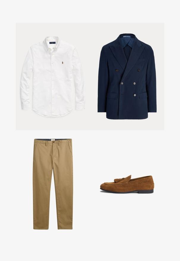 Marineblauer zweireihiger Blazer mit Kerbkragen, vier vorderen Knöpfen, Pattentaschen und Brustleistentasche, maßgeschneidert für Herren.; Weißes, langärmliges Hemd mit Knopfleiste und Kragen sowie kleinem, gesticktem Logo auf der linken Brust, flach auf einem einfarbigen Hintergrund liegend.; Khakifarbene Baumwollhose mit geradem Schnitt, ausgestattet mit Seitentaschen, einem Knopfverschluss und einem strukturierten Stoff.; Brauner Herrenslipper aus Wildleder mit Quasten-Detail und flacher schwarzer Sohle, seitlich mit geprägtem Markennamen.