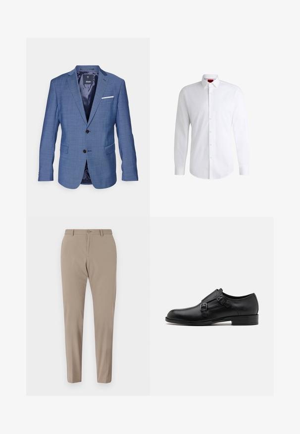 Blauw geruit blazer met twee zwarte knopen, notch revers, een witte pochette en twee voorzakken. Voering aan de binnenkant.; Witte overhemden van soepel materiaal met een klassieke kraag, lange mouwen en een afgeronde zoom. Voorzien van beige knopen aan de voorkant.; Beige op maat gemaakte broeken met een gladde textuur, slim fit en een knoopsluiting aan de voorkant. Geen zichtbare patronen of versieringen.; Zwarte leren dresschoen met dubbele gespen, slank silhouet en ronde neus. Kenmerkt zich door een lage hak en een gladde textuur.