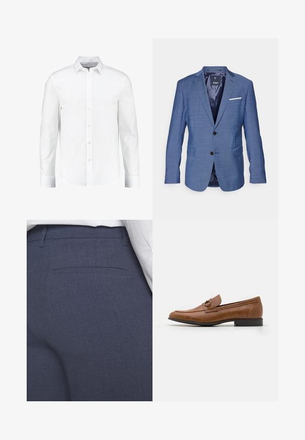 Blazer à carreaux bleus avec deux boutons noirs, revers crantés, un seul pochette blanche et deux poches avant. Doublure intérieure.; Chemise blanche à manches longues à boutons, fabriquée en coton lisse. Dotée d'un col classique et d'une fermeture à boutons à l'avant avec un ourlet droit.; Pantalon bleu marine sur mesure en tissu texturé, avec un devant plat, une poche arrière discrète et des lignes épurées. Sans accessoires ni ornements visibles.; Mocassins en cuir marron avec un talon plat, ornés d'un accent métallique décoratif à l'avant, au design épuré et à la texture lisse.