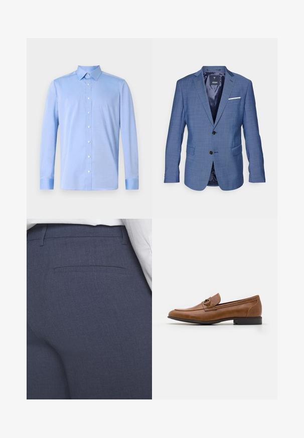 Blå ternet blazer med to sorte knapper, notch lapels, enkelt hvidt lommetørklæde og to forlommer. Forret indvendig.; Lyseblå skjorte med lange ærmer, klassisk krave og hvide knapper. Stof virker glat med en subtil tekstur.; Marineblå skræddersyede bukser lavet af et struktureret stof med en glat front, en diskret baglomme og rene linjer. Ingen synlige beslag eller pynt.; Brune læder slip-ons med flad hæl, prydet med en dekorativ metalaccent foran, med et strømlinet design og glat tekstur.