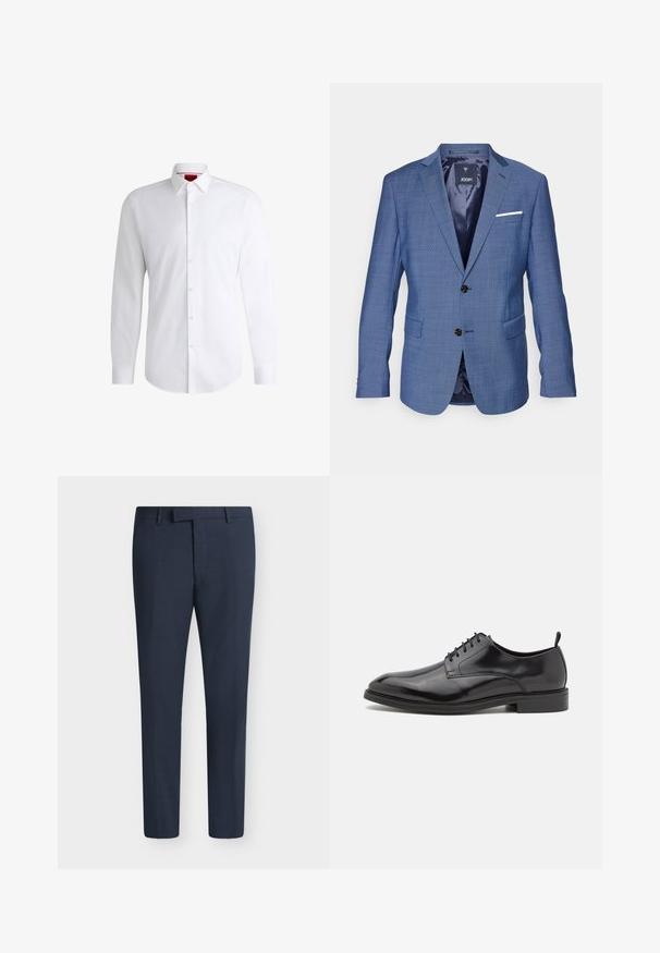 Blue checkered blazer with two black buttons, notch lapels, single white pocket square, and two front pockets. Lined interior.; White button-up shirt made of smooth fabric with a classic collar, long sleeves, and a curved hem. Features beige buttons on the front.; Navy blue tailored men's dress pants with belt loops and a front zipper fly closure, displayed against a plain background.; Black leather dress shoe with a smooth finish, round toe, and lace-up design. Features a low-profile black rubber sole and small heel.