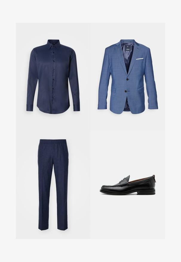 Blauw geruit blazer met twee zwarte knopen, notch revers, een witte pochette en twee voorzakken. Voering aan de binnenkant.; Navyblauwe herenoverhemd met lange mouwen, puntige kraag en knoopsluiting aan de voorkant, weergegeven op een eenvoudige witte achtergrond.; Marineblauwe linnen broek met een elastische tailleband, rechte pijpen en geen zichtbare patronen of hardwaredetails. Gladde textuur.; Zwarte leren herensloffen met moc toe stiksel, pennyriem, gestructureerde kraag en lage gestapelde hak op witte achtergrond.