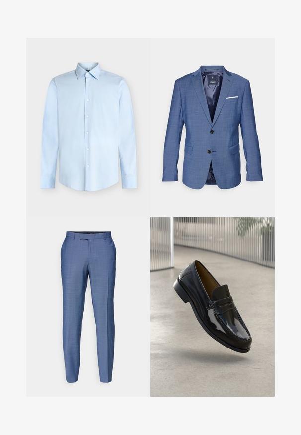 Blå ternet blazer med to sorte knapper, notch lapels, enkelt hvidt lommetørklæde og to forlommer. Forret indvendig.; Lyseblå herreskjorte med lange ærmer, knappelukning foran og spids krave, vist mod en hvid baggrund.; Lysblå skræddersyede bukser med en struktureret tekstur. Har en flad front, smalle ben og en lynlås med kroglukning.; Sorte patentlæder loafer med en syet detalje, rund tå, lav hæl og glat overflade, præsenteret mod en neutral baggrund.