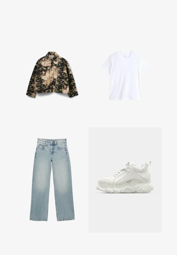 Kort jakke i sort denim med et blomsterprint i pink og grøn. Har en krave og to forlommer med knaplukning.; Hvid bomuld t-shirt med korte ærmer, rund halsudskæring og lige kant. Har en lille rød logoetiket på nederste venstre side.; Lysblå denim bredbukser med høj talje, der har fem lommer, knaplukning og subtile falmninger for en slidt effekt.; Hvide atletiske sneakers med en glat læderoverdel, rund sål og tekstureret accent. Har snørebånd og en slippe-strop bagpå.