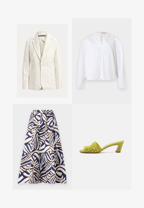 Wit gestreepte blazer met smalle marineblauwe strepen, ingesneden revers, enkele knoopsluiting en twee voorkantzakken. Soepele stoftextuur.; Witte blouse met lange mouwen, ronde hals, split aan de voorkant en losse pasvorm, afgebeeld op een effen lichte achtergrond.; Een knielange jurk van katoen met een marineblauwe achtergrond en gedurfde witte en gouden abstracte patronen; de geplooide ontwerp voegt volume toe.; Open teen mulehak in limoengroen met gevlochten leren bovenwerk en een blokhak van middelhoogte tegen een effen achtergrond.