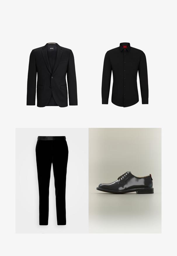 Schwarzer Blazer mit Reverskragen, einreihiger Knopfverschluss, zwei aufgesetzten Taschen und einem dezenten strukturierten Innenfutter. Markenlabel sichtbar im Kragen.; Schwarzes Langarmhemd mit Knopfleiste, klassischem Kragen und abgerundetem Saum; verfügt über schwarze Knöpfe und ein rotes Logo im Kragen.; Schwarze Samthosen mit tailliertem Schnitt, glatter Textur und passendem Bund. Verfügt über gerade Beine und Seitentaschen.; Glänzender schwarzer Leder-Derby-Schuh mit flachem Absatz und rundem Zehenbereich, seitlich auf neutralem Hintergrund dargestellt.