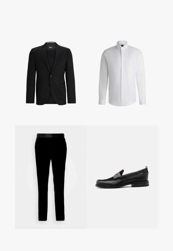 Blazer noir avec un revers cranté, fermeture à un bouton, deux poches avant et une doublure légèrement texturée. Étiquette de marque visible à l'intérieur du col.; Chemise blanche à manches longues en coton lisse, dotée d'un col classique, d'une patte de boutonnage complète et de poignets à bouton. Design minimaliste.; Pantalon en velours noir à coupe ajustée, texture lisse et ceinture assortie. Il présente des jambes droites et des poches latérales.; Mocassin en cuir noir avec détail de bride grise, talon bas et semelle texturée, marqué "HUGO" en or sur le côté.