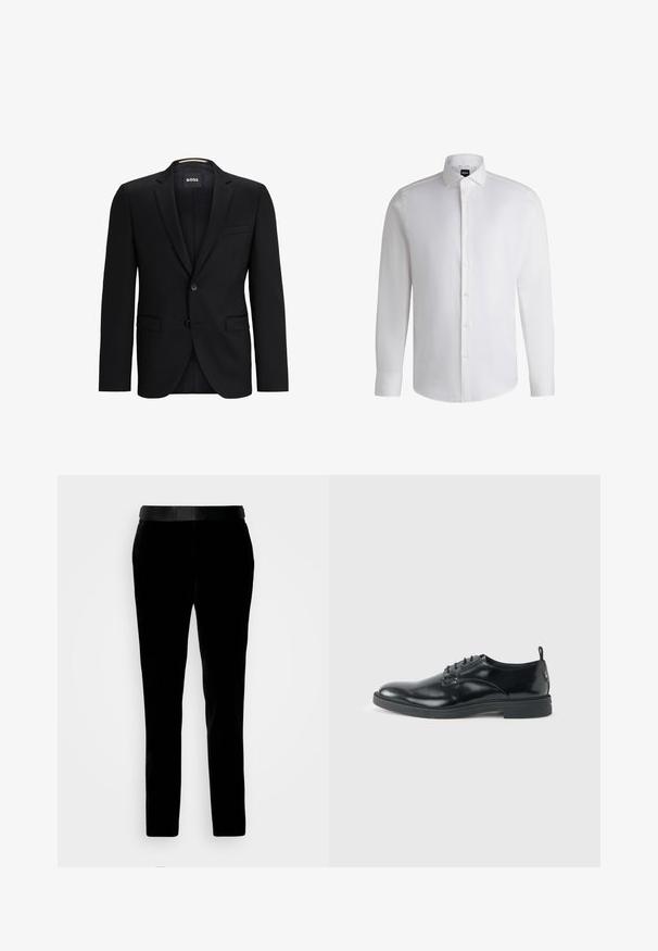 Sort blazer med klapslag, en enkelt knaplukning, to frontlommer og en subtil teksturforing. Mærkets label er synlig indeni kraven.; Hvid langærmet skjorte lavet af glat bomuld, med klassisk krave, fuld knaplukning og knapmanchetter. Minimalistisk design.; Sorte fløjlsbukser med en skræddersyet pasform, glat tekstur og en matchende talje. Har lige ben og sidelommer.; Blank sort læder dresssko med lav hæl, snørelukning og rund tå, vist fra siden på ensfarvet lys baggrund.