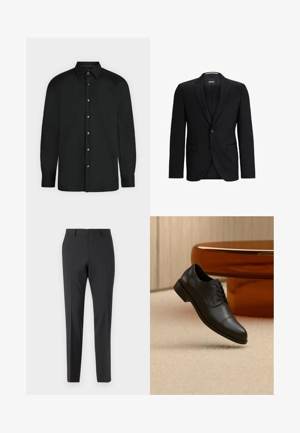 Sort blazer med klapslag, en enkelt knaplukning, to frontlommer og en subtil teksturforing. Mærkets label er synlig indeni kraven.; Sort skjorte med lange ærmer, knapper foran, spids krave og knapmanchetter, vist mod en ensformet lys baggrund.; Mørkegrå skræddersyede bukser med en glat tekstur, slim fit, flad front og bæltestropper, designet til formelt eller forretningsmæssigt tøj.; Sort formel oxfordskind sko med snørebånd, der svæver over et beige tæppe, med et rundt brunt bord i baggrunden.