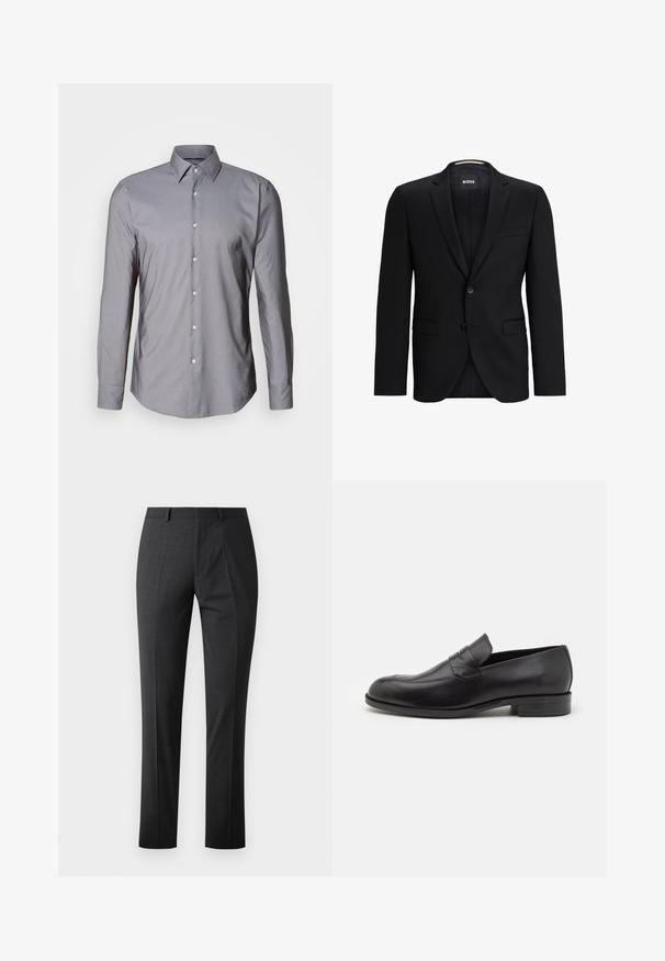 Sort blazer med klapslag, en enkelt knaplukning, to frontlommer og en subtil teksturforing. Mærkets label er synlig indeni kraven.; Grå langærmet skjorte med knapper og en struktureret krave, frontknaplukning og en glat tekstur. Har en let tætsiddende pasform.; Skræddersyede mørkegrå bukser med en glat tekstur, slim fit, flad front og standard talje. Har pressede folder og ingen synlige mønstre.; Sorte læder loafers med rund tå og subtile syninger. Glat tekstur og lav hæl med branding på bagsiden.