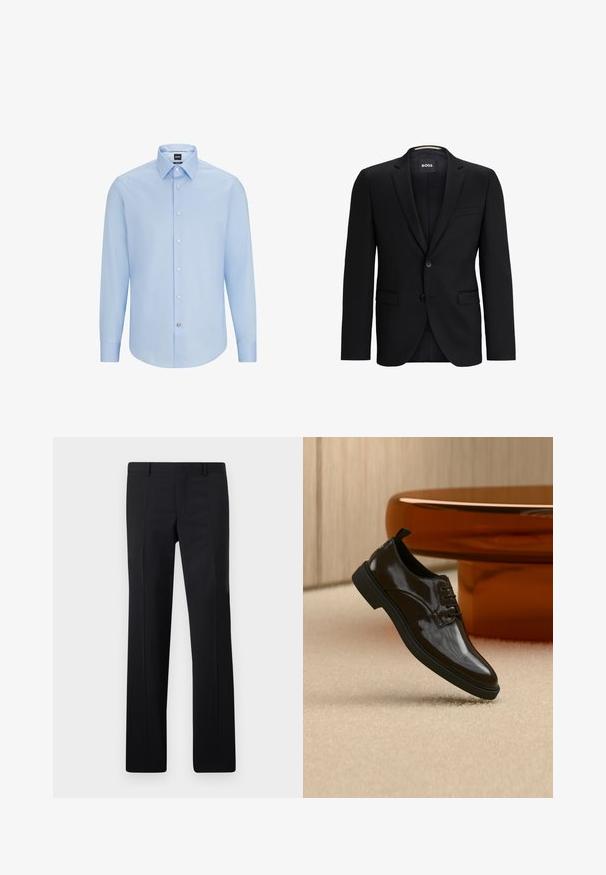 Zwarte blazer met een notch-lapel, enkele knopen sluiting, twee voorzakken en een subtiele, getextureerde voering. Merklabel zichtbaar in de kraag.; Lichtblauwe, langslijpende overhemD met klassieke kraag, gemaakt van een soepele stof. Voorzien van witte knopen aan de voorkant en cuffs.; Zwarte op maat gemaakte pantalon met een recht model, scherpe plooien en een gladde afwerking. Gemaakt van lichtgewicht stof met een strakke tailleband.; Zwarte glanzende leren veterschoen zwevend boven een beige tapijt met een glanzende bruine ronde tafel op de achtergrond.
