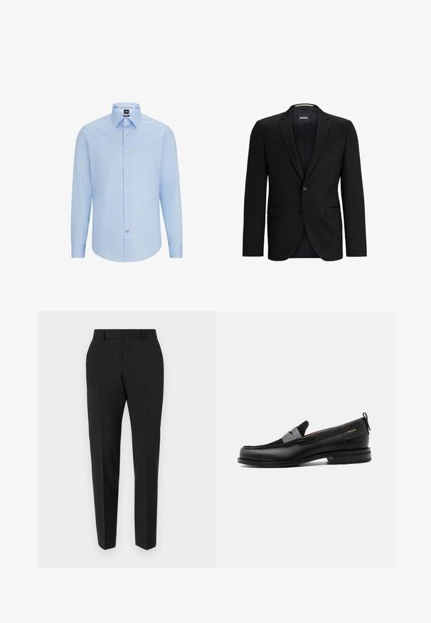 Schwarzer Blazer mit Reverskragen, einreihiger Knopfverschluss, zwei aufgesetzten Taschen und einem dezenten strukturierten Innenfutter. Markenlabel sichtbar im Kragen.; Himmelblaues, langärmliges Hemd mit Knopfleiste und klassischem Kragen, aus glattem Stoff gefertigt. Mit weißen Knöpfen an der Vorderseite und an den Manschetten.; Schwarze Hose mit maßgeschneidertem Design, flacher Vorderseite, Faltendetails und schlanker Passform. Aus einem glatten Stoff für einen eleganten Look.; Schwarzer Lederloafer mit grauem Riemendetail, niedrigem Absatz und strukturierter Sohle, seitlich mit „HUGO“ in Gold gebrandmarkt.