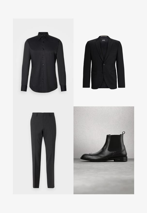 Blazer negro con solapa de muesca, cierre de un solo botón, dos bolsillos frontales y un forro texturizado sutil. Etiqueta de la marca visible en el interior del collar.; Camisa negra de manga larga con botones, hecha de una tela suave, que presenta un cuello clásico y un cierre de botones en el frente.; Pantalones tailored en gris oscuro con una textura suave, de corte ajustado, frente plano y pasadores para cinturón, diseñados para atuendos formales o de negocios.; Bota Chelsea de cuero negro con detalles de brogue, paneles laterales elásticos, tira para tirar y tacón bajo, mostrada en el aire contra un suelo de interior moderno.