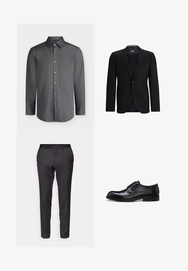 Zwarte blazer met een notch-lapel, enkele knopen sluiting, twee voorzakken en een subtiele, getextureerde voering. Merklabel zichtbaar in de kraag.; Donkergrijs herenoverhemd met lange mouwen, puntkraag en knopen aan de voorkant, afgebeeld op een lichtgrijze achtergrond.; Op maat gemaakte zwarte broek van een gladde stof, met een slim fit, rechte pijpen en een platte voorkant met ceintuurlussen.; Zwarte gepolijste leren herenschoen met gesloten vetersluiting, lage hak en subtiel merkteken nabij de hiel op een witte achtergrond.
