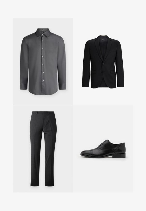 Blazer negro con solapa de muesca, cierre de un solo botón, dos bolsillos frontales y un forro texturizado sutil. Etiqueta de la marca visible en el interior del collar.; Camisa de vestir para hombre de manga larga en gris oscuro con cuello puntiagudo y botones delanteros, mostrada sobre un fondo gris claro.; Pantalones oscuros grises a medida con una textura suave, corte ajustado, frente plano y cinturilla estándar. Presentan pliegues marcados y sin patrones visibles.; ALDO ABAWIENFLEX - Zapatos de vestir - other black