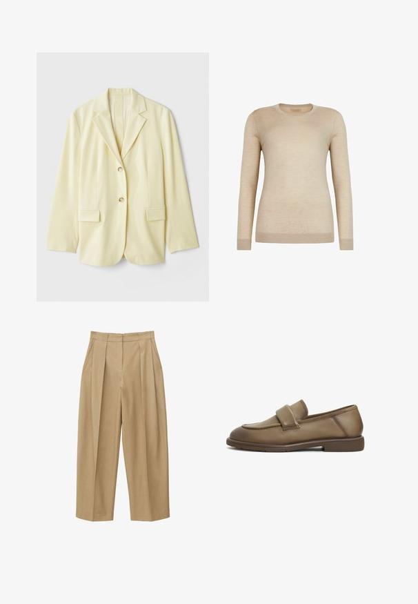 Lysegul blazer lavet af glat stof, med spids krave, to frontlommer og to knapper. Skræddersyet silhuet med lige snit.; Beige langærmet sweater lavet af blødt materiale med rund halsudskæring, ribbede manchetter og en tætsiddende silhuet. Ingen synlige mønstre eller accenter.; Beige bukser med høj talje og vide ben, forsynet med forblad, sidelommer og en tilpasset talje med bæltestropper.; Brune læder loafers med en blød tekstur, der har et bredt strop over vristen og en lav, flad gummisål. Rent, understated design.