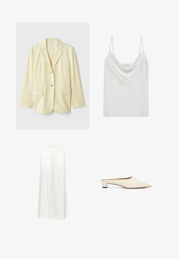 Blazer jaune clair en tissu lisse, avec un col à revers, deux poches avant et deux boutons. Silhouette ajustée avec une coupe droite.; Camisole en satin blanc avec un décolleté drapé, des fines bretelles réglables et une base droite. L'étiquette "ANNA FIELD" est visible à l'intérieur.; Un pantalon blanc à jambes larges avec des plis, fabriqué dans un tissu léger. Il présente une taille plate et des ourlets retournés. Texture lisse, sans motifs.; Mule de couleur crème à bout pointu avec un talon carré bas et une finition lisse sur fond blanc uni.