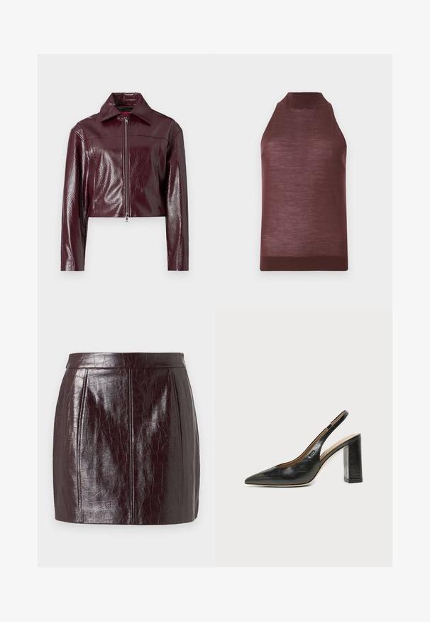 Chaqueta corta color burdeos hecha de cuero sintético brillante; presenta un cuello puntiagudo y una cremallera frontal completa con una lengüeta de tirador plateada.; Top de punto marrón sin mangas con cuello alto y dobladillo acanalado, mostrado sobre un fondo claro y sencillo.; Falda de poliéster de color burdeos con un patrón texturizado de cocodrilo, que presenta una cintura alta y dos costuras verticales para darle estructura.; Zapato slingback de piel negra con puntera puntiaguda, tacón alto y ancho, y forro interior beige sobre un fondo claro y liso.