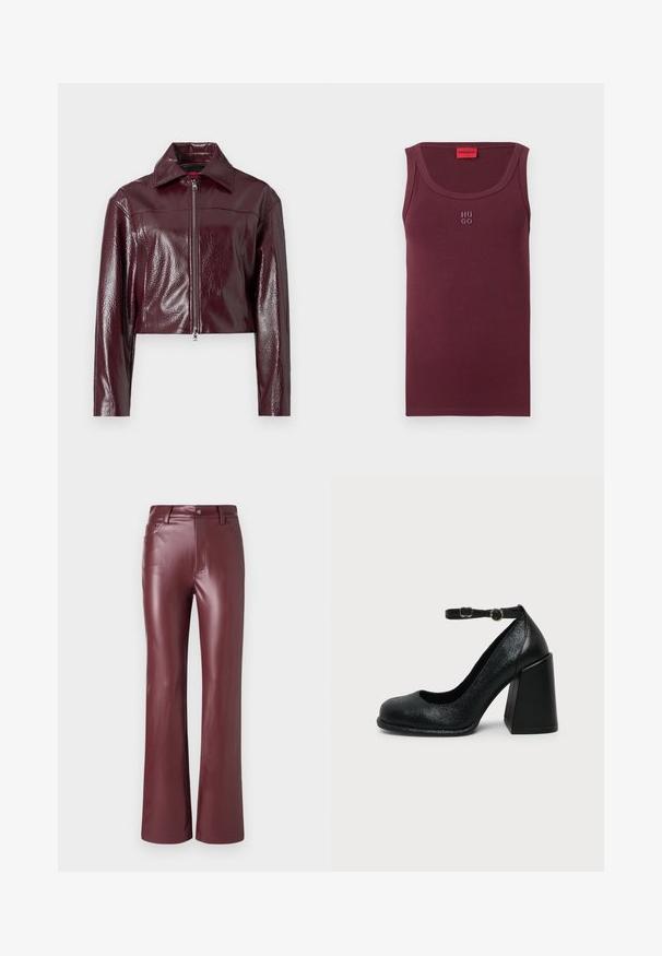 Veste courte bordeaux en similicuir brillant ; dotée d'un col pointu et d'une fermeture éclair frontale intégrale avec un tirette argentée.; Débardeur bordeaux en coton, avec un col rond, une coupe sans manches, et un petit logo brodé "HUGO" à l'avant.; Pantalons waxés bordeaux taille haute en cuir synthétique avec bouton avant, passants de ceinture, poches avant et jambe légèrement évasée.; Chaussure à talon haut en cuir noir avec bout arrondi et bride de cheville réglable avec boucle dorée sur fond uni clair.