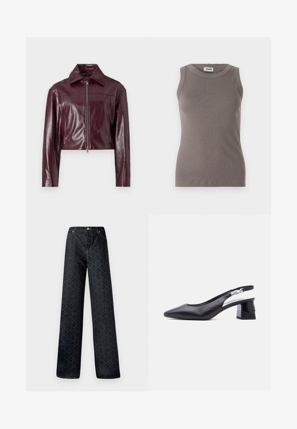 Bordeauxrode cropped jas gemaakt van glanzend nep leer; heeft een puntige kraag en een rits aan de voorkant met een zilveren trekker.; Grijze geribbelde tanktop met een ronde halslijn en mouwloos ontwerp, gemaakt van een zachte, gestructureerde stof. Eenvoudige, getailleerde silhoutte.; Donkerblauwe wijde spijkerbroek met een geometrisch patroon, gemaakt van denim. Voorzien van metalen knoop, ritssluiting en gestikte voorkruiszakken.; Zwart leren slingback-schoen met puntige neus, lage blokhak en zilveren gesp op het bandje, zijaanzicht op witte achtergrond.