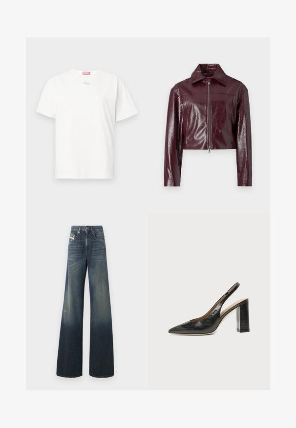 Veste courte bordeaux en similicuir brillant ; dotée d'un col pointu et d'une fermeture éclair frontale intégrale avec un tirette argentée.; T-shirt en coton blanc avec un col rond, des manches courtes et un petit logo argenté sur le devant. Design simple et épuré.; Jean en denim à jambes larges de couleur bleu foncé avec une finition délavée, présentant un genou usé et un design classique à cinq poches avec une étiquette.; Chaussure slingback en cuir noir à bout pointu avec un talon bloc haut et une doublure intérieure beige sur un fond clair uni.