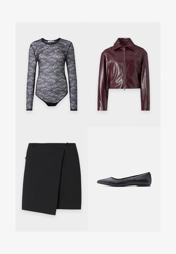 Veste courte bordeaux en similicuir brillant ; dotée d'un col pointu et d'une fermeture éclair frontale intégrale avec un tirette argentée.; Bodysuit en dentelle noire avec manches longues, motif floral, col rond et une section inférieure noire unie. Texture transparente et design ajusté.; Jupe portefeuille noire avec une texture lisse, dotée d'une fermeture éclair sur le côté et de deux passants de ceinture. Design simple sans motifs ni accents visibles.; Chaussure plate en cuir noire à bout pointu avec petit talon, vue de profil sur fond blanc.
