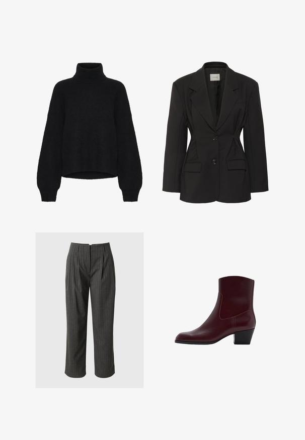 Blazer noir avec une coupe cintrée, des revers crantés, deux poches avant et deux boutons. Fabriqué en tissu lisse avec un design épuré.; Pull en col roulé noir avec un design cropped, fabriqué à partir d'un tissu moelleux. Présente des manches larges et une texture côtelée au niveau du col.; Pantalons gris à rayures avec une coupe ajustée, devant plissé et ourlet court. Fabriqués en tissu tissé avec une texture lisse.; Bottines en cuir bordeaux avec un bout légèrement pointu, un talon moyen et des coutures sur le côté. Texture lisse et design minimaliste.