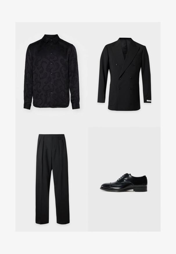 Blazer noir croisé à six boutons, revers crantés, deux poches plaquées basses et une étiquette sur le poignet gauche.; Chemise noire à manches longues avec un motif paisley texturé subtil, dotée d'un col pointu et d'une fermeture à boutons sur le devant. Tissu lisse.; Pantalon noir taille haute, sur-mesure, avec passants pour ceinture, plis sur le devant, fermeture par bouton et jambes droites larges sur fond clair.; Chaussure de ville en cuir noir avec une finition polie, bout rond, design à lacets et un petit talon empilé, présentant un détail de couture subtil.