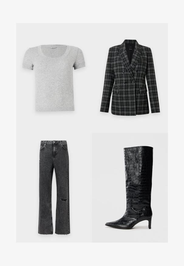 Blazer a cuadros en negro y gris, con cuello de solapa, doble botonadura en la parte delantera, dos bolsillos frontales y tejido texturizado.; Camiseta gris de manga corta con cuello redondo, hecha de una tela suave y texturizada. Presenta un diseño de ajuste estándar y sencillos detalles de costura.; Vaqueros de pierna ancha en denim negro lavado, con detalle desgastado en la rodilla, dobladillo deshilachado y cierre estándar de botones con bolsillos.; Botas negras de media caña con textura brillante de patrón de cocodrilo, punta afilada y tacón cónico. Material sintético liso.