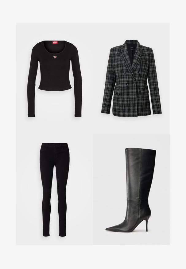 Sort og gråternet blazer med klapkrave, dobbeltradet front, to forlommer og tekstureret stof.; Sort langærmet crop top lavet af ribbet stof. Har en scoop halsudskæring og et lille rødt og hvidt logo på brystet.; Sorte slim-fit bukser med knaplukning, bæltestropper og frontlommer, vist mod en ensfarvet lys baggrund.; Sorte læder knæhøje støvler med spidse tæer og slanke stiletto hæle, glat tekstur, sideprofil på neutral baggrund.
