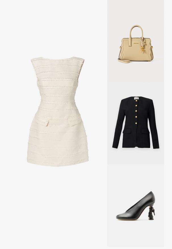 Sort skræddersyet blazer med rund udskæring, fem gyldne firkantede knapper og to forlommer med en glat uldstruktur.; Hvid kjole med vertikale teksturerede striber, tætsiddende design, scoop halsudskæring og to små forlommer.; Sort læderpumpe med høj hæl med skulptureret hæl pakket ind i matchende læderremme og gulddetaljer.; Beige læderhåndtaske med bølgede kanter, top håndtag, gyldent "MK" vedhæng og aftagelig skulderrem på ensfarvet baggrund.