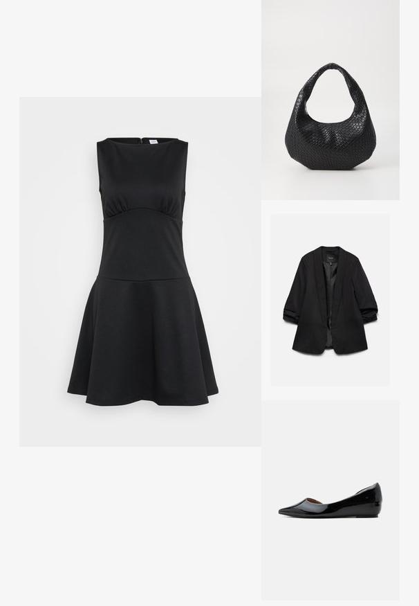 Schwarzer Damenblazer mit hochgekrempelten Ärmeln und offenem Vorderteil, auf weißem Hintergrund präsentiert.; Schwarzes Skaterkleid aus dehnbarem Stoff, ärmelloses Design, runder Ausschnitt, enganliegender Oberteil, ausladender Rock, Reißverschluss hinten.; Schwarzer Lacklederschuh mit flacher Sohle, spitzer Schuhspitze und niedrigem Keilabsatz, seitlicher Ansicht vor einfarbigem Hintergrund.; Schwarze gewebte Handtasche mit einem gebogenen Griff, die eine strukturierte Oberfläche und eine lässige Form hat. Glatte Oberfläche mit einer organischen Silhouette.