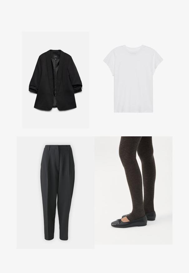 Sort dames blazer med optrukne ærmer og åben front, vist på hvid baggrund.; Hvid kortærmet t-shirt med rund hals, afslappet pasform, lavet af blødt bomuldsstof. Glat tekstur, ingen mønstre eller logoer.; Sorte skræddersyede bukser med høj talje, plisseringer og indsnævret ben. Glat stof uden synlige mønstre eller udsmykninger.; Ben iført mørke ribbede leggings kombineret med sorte balletsko med små sløjfedetaljer på hvid baggrund.