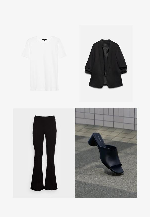 Zwarte damesblazer met opgerolde mouwen en open voorkant, getoond op een witte achtergrond.; Witte t-shirt met korte mouwen en een ronde hals. Gemaakt van zachte stof, heeft het een relaxte pasvorm en een eenvoudig ontwerp zonder patronen of accenten.; Zwarte flared broek van rekbaar materiaal met een hoge tailleband. Bevat stiksel details, een gladde textuur en uitlopende benen.; Zwarte leren mule met open teen en blokhak, geplaatst op asfalt dichtbij een betegeld oppervlak op de achtergrond.
