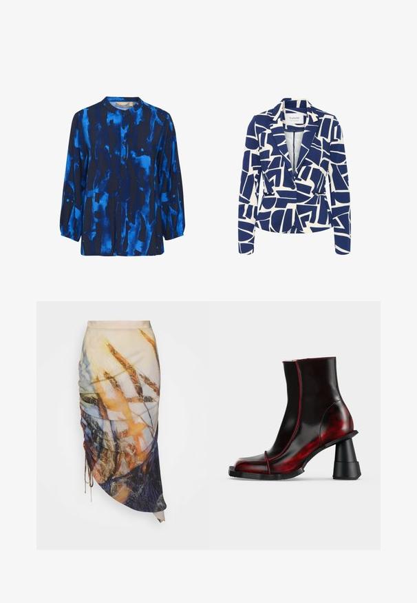 Marineblauer Blazer mit einem weißen abstrakten geometrischen Muster, ausgestattet mit einem Reverskragen, einer Knopfverschluss und zwei Fronttaschen.; Langärmlige Bluse in Dunkelblau mit abstrakten hellblauen Mustern, rundem Kragen und Knopfverschluss, aus weichem Stoff mit glatter Textur.; Materiel DIAGONAL GATHERED SKIRT - Bleistiftrock - golden hour; Schwarzer und dunkelroter glänzender Knöchel-Stiefel mit geometrischem klobigem Absatz und quadratischer Spitze, dargestellt auf einem einfarbigen hellen Hintergrund.