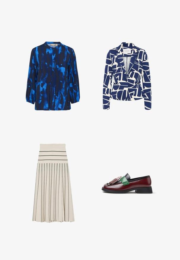 Marineblauw blazer met een wit abstract geometrisch patroon, voorzien van een geklemd kraag, enkele knoopsluiting en twee voorkuipen.; Langsleeve blouse in donkerblauw met abstracte lichtblauwe patronen, ronde kraag en knoopsluiting, gemaakt van zachte stof met een gladde textuur.; Roomkleurige geplooide midirok met zwarte horizontale strepen op de tailleband en verticale zwarte strepen op het roklichaam.; Mahoniekleurige leren loafer met zwarte bies, groene band, roze kwastjes aan de voorkant en lage zwarte hak, zijaanzicht op witte achtergrond.