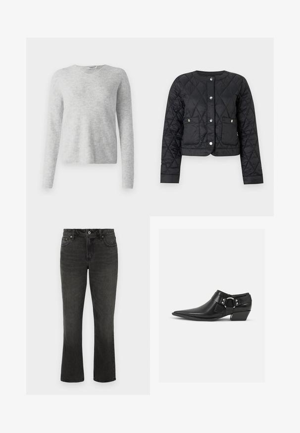 Veste matelassée noire avec un col rond, une fermeture à pression et deux poches avant. Elle présente une texture lisse et brillante ainsi qu'un motif en losanges.; Pull en maille gris avec une texture côtelée, des manches longues et un décolleté en V. Apparence simple et minimaliste.; Jean en denim noir avec une coupe droite, cinq poches et une fermeture éclair. Présente des coutures dorées et une légère décoloration.; Bottines en cuir noir avec un bout pointu, présentant une sangle en cuir à l'avant et un détail de boucle en argent, ainsi qu'un petit talon carré.