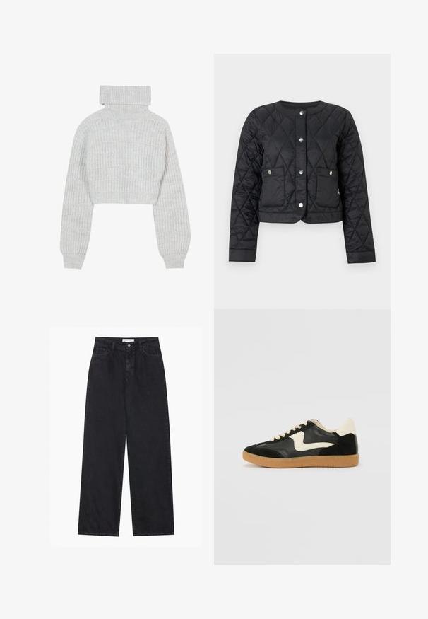 Sort quiltet jakke med rund halsudskæring, trykknaplukning og to forlommer. Har en glat, skinnende tekstur og diamantmønster.; Lys grå, cropped striktrøje med høj turtleneck, brede ærmer og struktureret ribbet mønster. Blødt materiale med en lidt løs pasform.; Sorte højtaljede bredbenede denimjeans med frontknap og lynlås, bæltestropper og fem-lomme stil.; Sorte ruskinds- og lædersneakers med en cremefarvet side-swoosh og lys cremefarvet hæl. Har beige snørebånd og en gummirubber-sål.