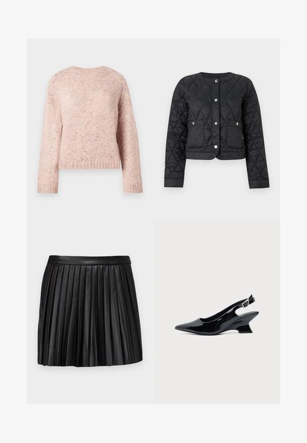 Veste matelassée noire avec un col rond, une fermeture à pression et deux poches avant. Elle présente une texture lisse et brillante ainsi qu'un motif en losanges.; Pull en maille texturée de couleur rose, avec un col rond et des manches longues. Des éclats subtils ajoutent du détail au design.; Jupe mini plissée en cuir noir avec une ceinture lisse, présentant des plis verticaux et un design propre et structuré.; Chaussure slingback en cuir verni noir avec bout pointu et petit talon bloc incliné sur fond clair uni.